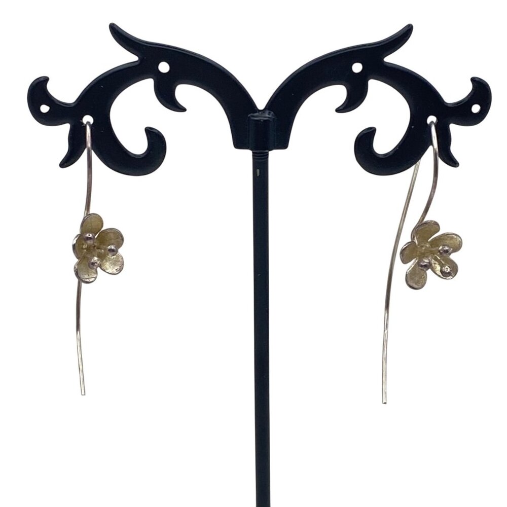 Sterling Silver Flower Drop Earrings 1.75" 2.4 g Artisan Tested Delicate Boho